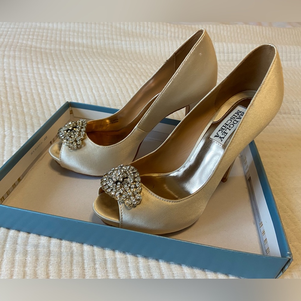 Badgley Mischka open toe pumps with jewel embellishment